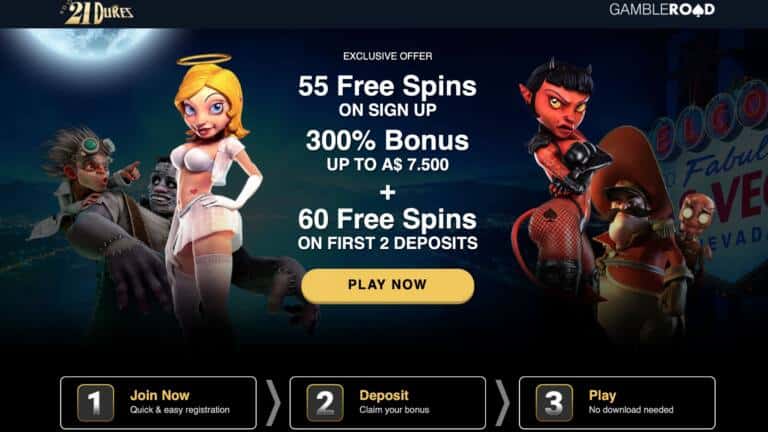 21Dukes Casino : 55 Free Spins + $7500 on Deposit