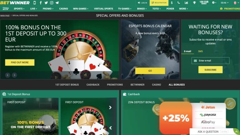 Betwinner Casino : 100% up to €300 on Deposit