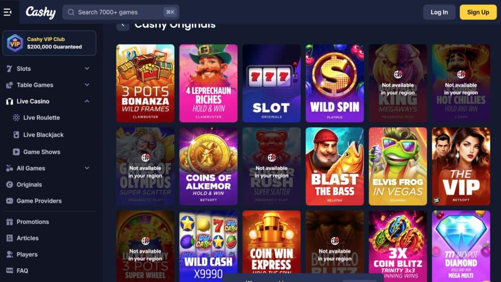 Cashy Casino website screenshot
