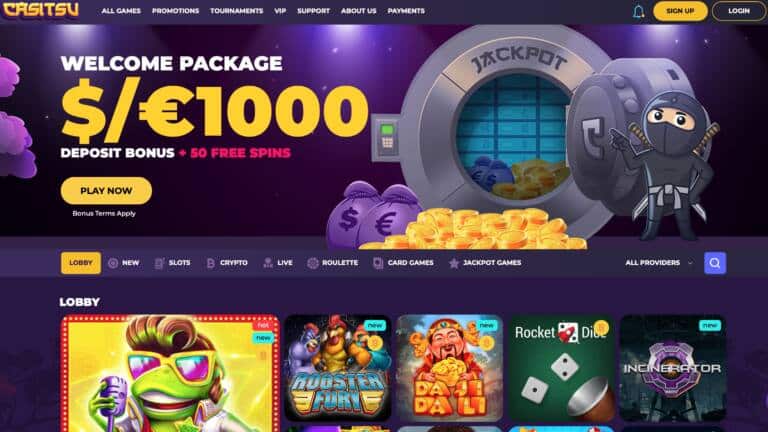 Join Casitsu Casino and claim 100% up to €/$1000 or 5 BTC + 50 complementary Free Spins on first four deposits. Additionally, get Sunday reloads and Wednesday freespins recurring bonuses.