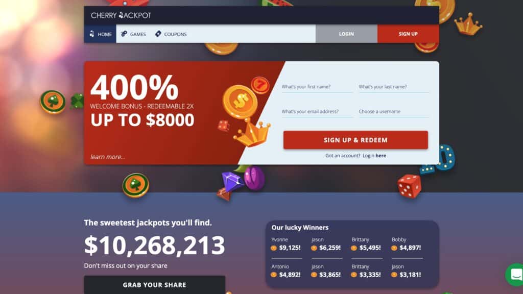 Cherry Jackpot Casino : up to $8,000 Deposit Bonus