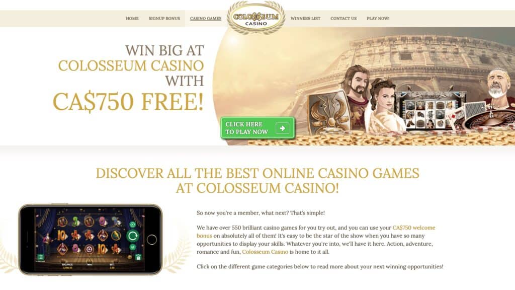 Colosseum Casino : $750 Bonus on 5 Deposits