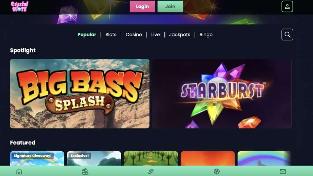 Crystal Slots website screenshot