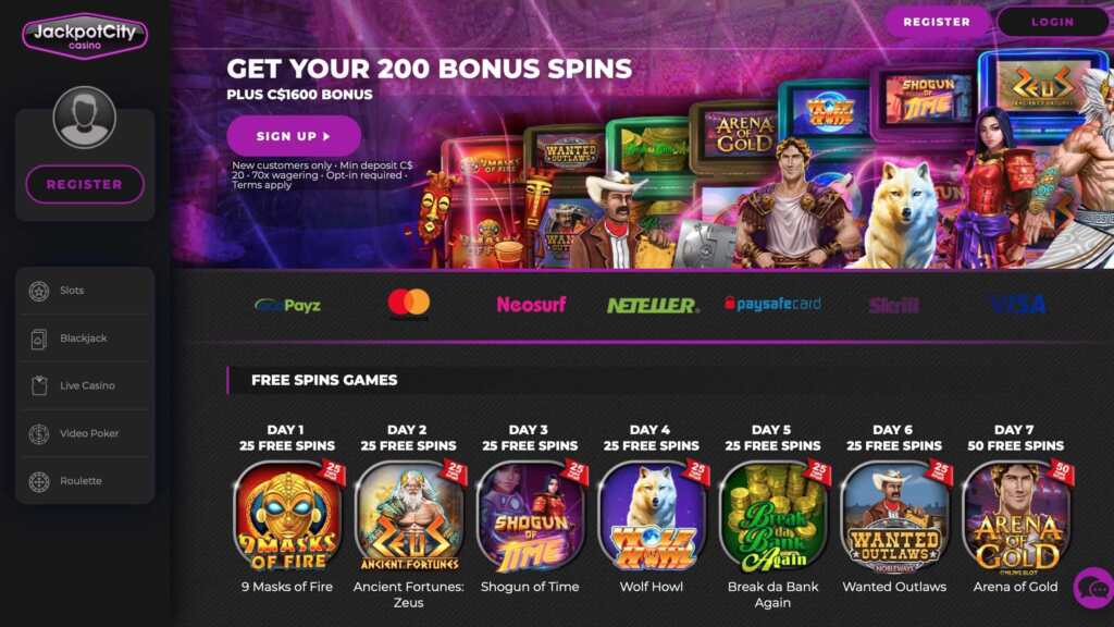 JackpotCity Casino : 200 Spins + $1600 on Deposit