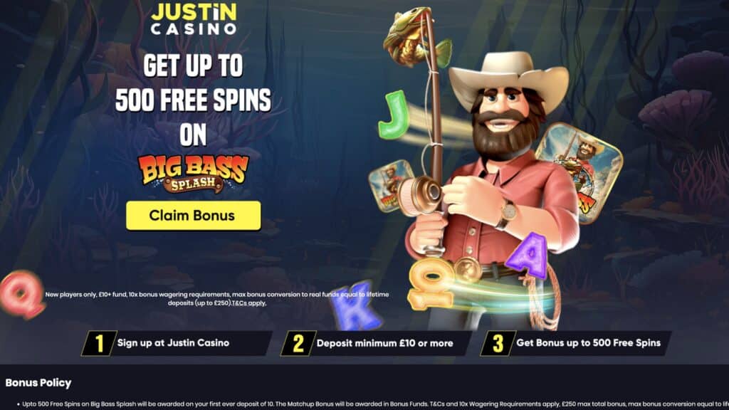 Justin Casino website screenshot