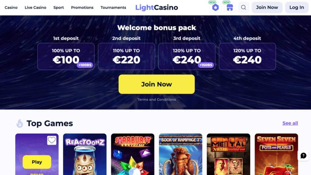 LightCasino : Get €800 + 250 Bonus Spins