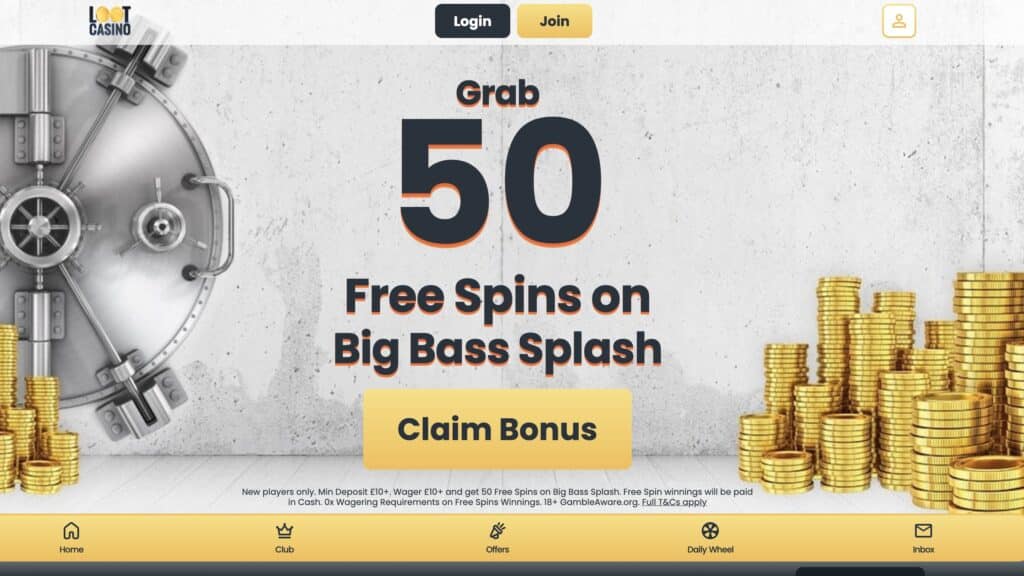Loot Casino website interface showcasing games and promotions