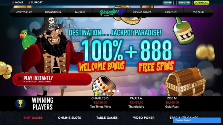 Paradise 8 Casino Deposit Bonus : $1,200 + 888 Spins
