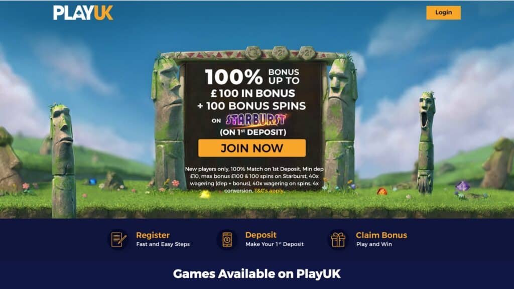 Play UK Casino : 100 Spins + £100 Deposit Bonus