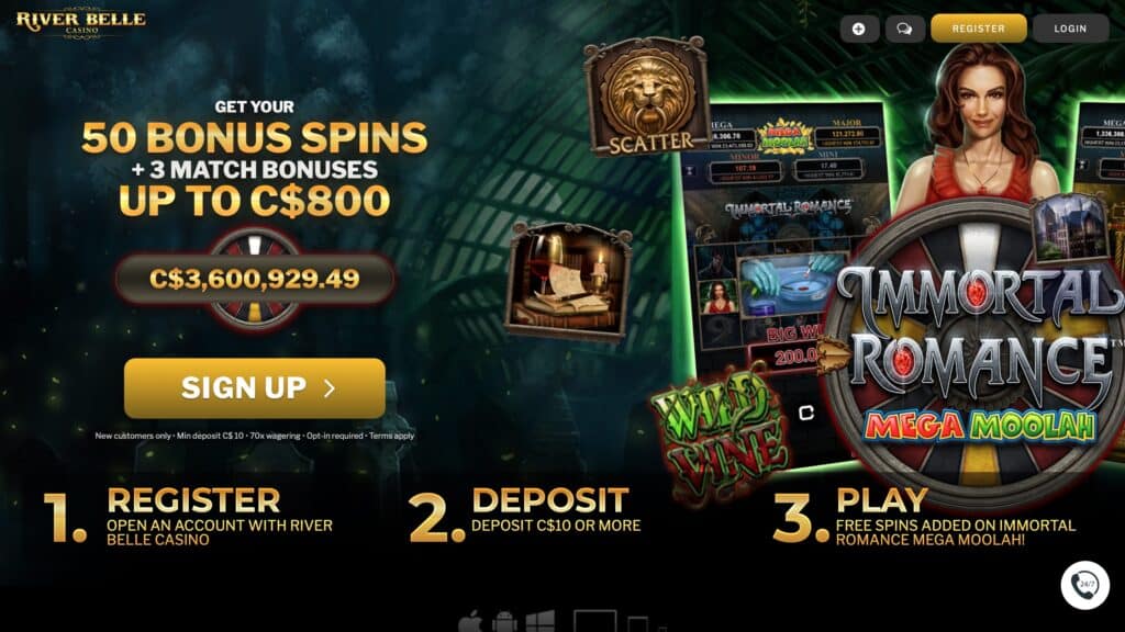 River Belle Casino : up to $800 + 50 Spins on 3 deposits