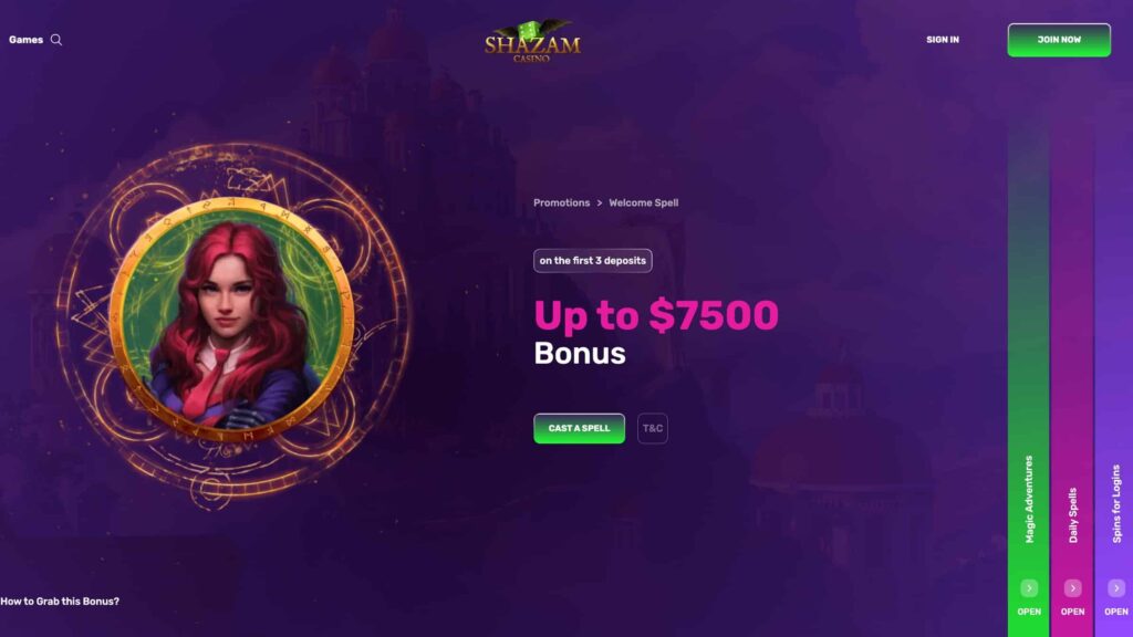Shazam Casino : 100 Spins + $2,500 on Deposit