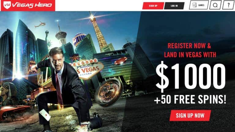 Vegas Hero Casino : $1,000 Deposit Bonus + 50 Bonus Spins